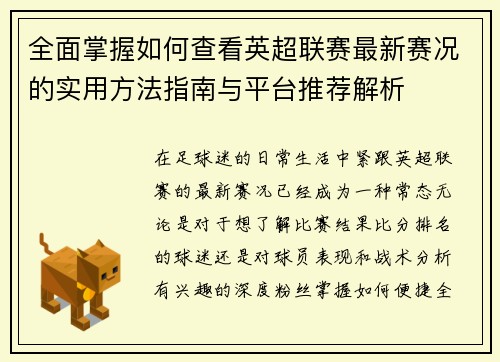 全面掌握如何查看英超联赛最新赛况的实用方法指南与平台推荐解析 全面掌握如何查看英超联赛最新赛况的实用方法指南与平台推荐解析