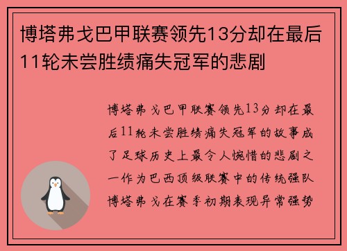 博塔弗戈巴甲联赛领先13分却在最后11轮未尝胜绩痛失冠军的悲剧