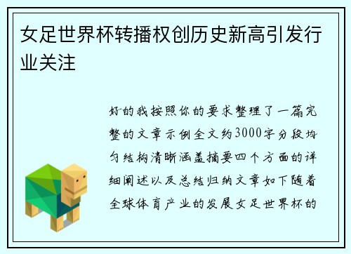 女足世界杯转播权创历史新高引发行业关注 女足世界杯转播权创历史新高引发行业关注